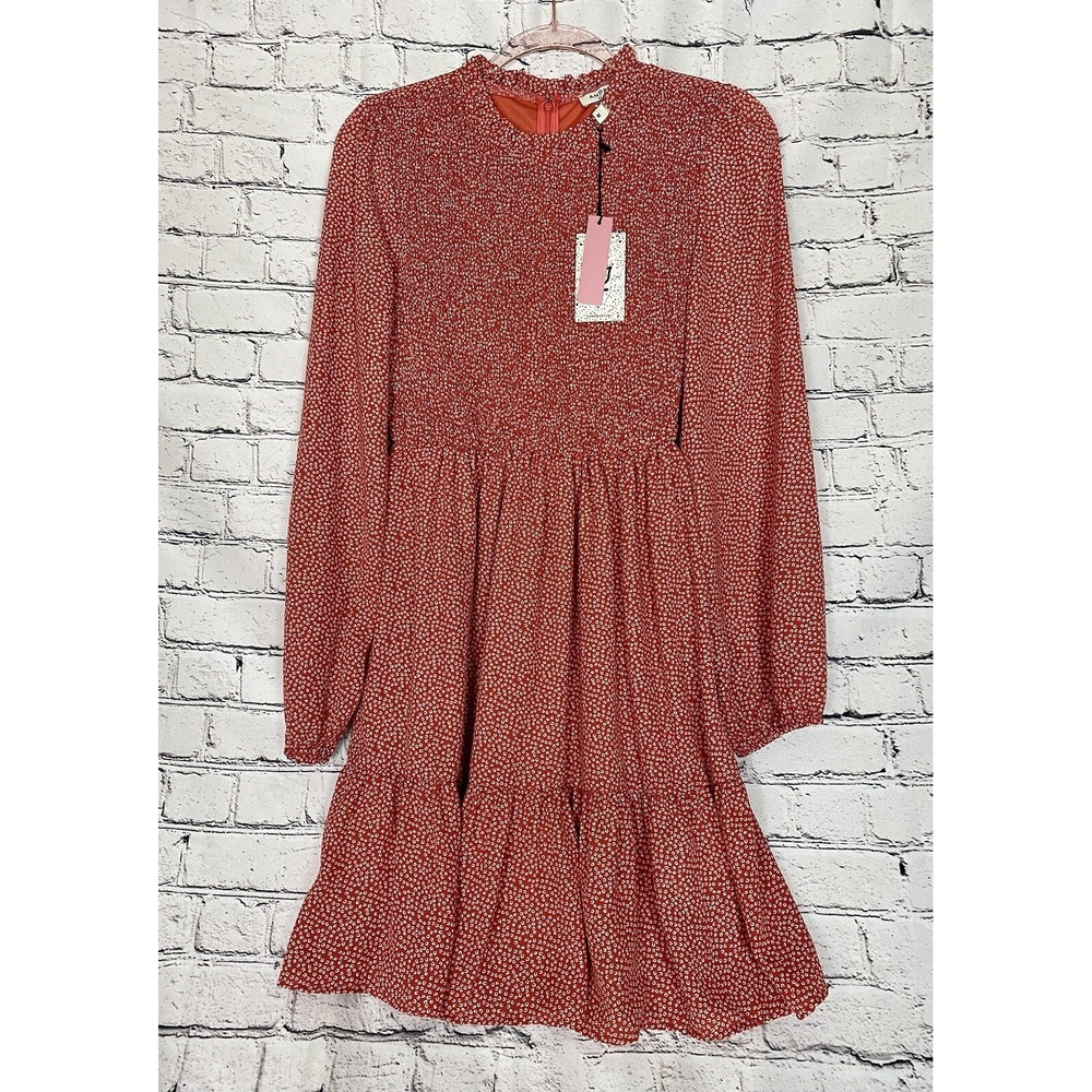 ANDREE BY UNIT Red Long Sleeve‎ Babydoll Dress Smocked Bodice Christmas NWT